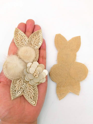 Beige Hand Embroidered Floral Applique, Beaded and Sequins Applique